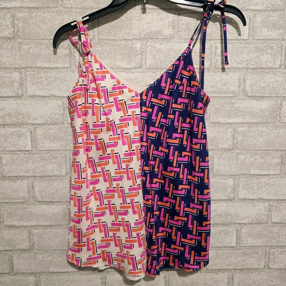 Julie Brown NYC Silk Geometric Print Tie Strap Camisole Top Navy Pink Orange M